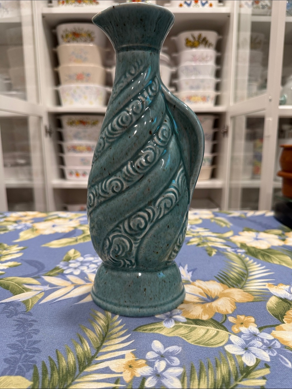 Teal Ceramic Decorative Vase with Swirl Motif